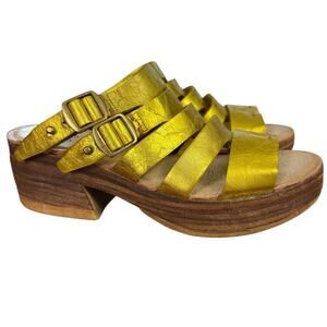 AS 98 Gold Leather Platform Block Chunky Heel Slides Slip On Sandals sz 40 9 9.5